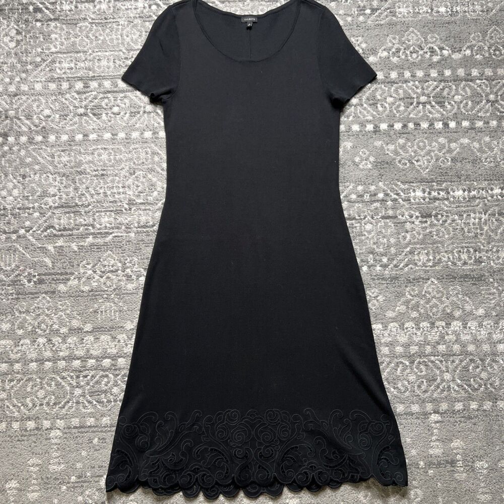 Talbots Black Midi Sweater Dress Medium Scalloped Cutwork Lace Short Sleeve